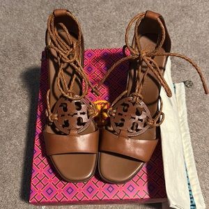 Tory Burch Miller Dark Ambra Leather Braided Ankle Tie Wedge Heels Sz 9 NIB